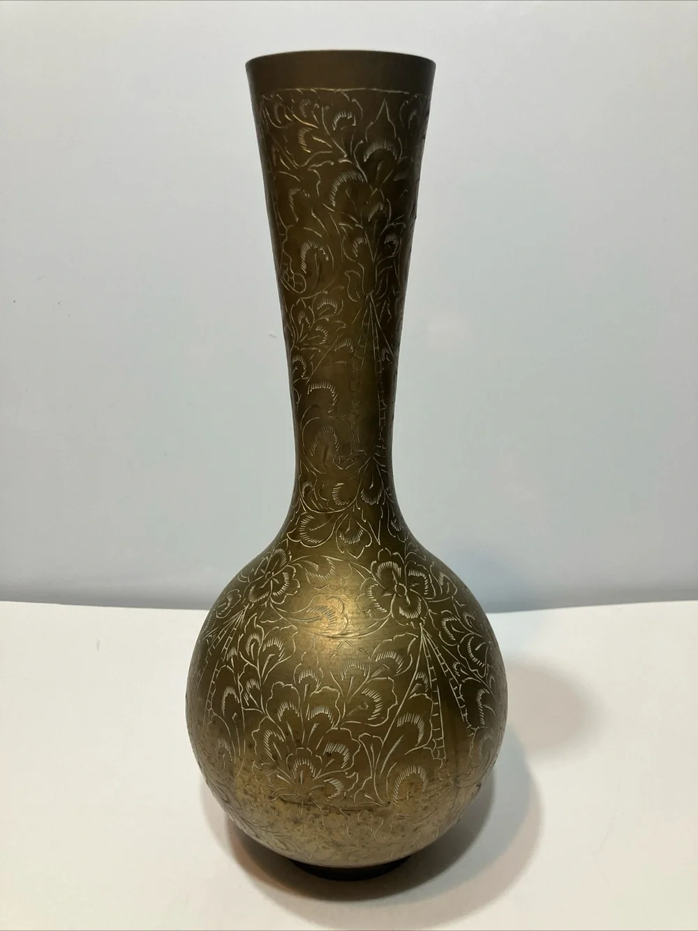 Vintage Brass Etched Floral Vase Signed India SP-103 11.75” Decorative